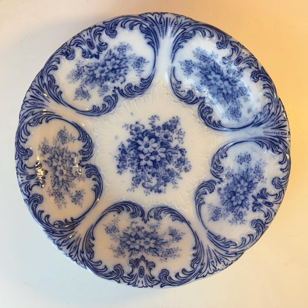 Antique Villeroy‎ & Boch Flow Blue Bowl, Floral Embossed, 9 Inch